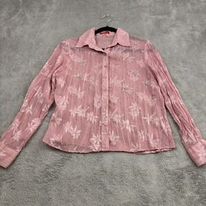 VTG 90s Y2K Sheer Floral Embroidered Beaded Button Up Top Womens S Pink Fairy